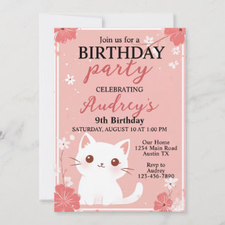 Pastellrosa Katze jedes Alters Mädchen Geburtstag Einladung