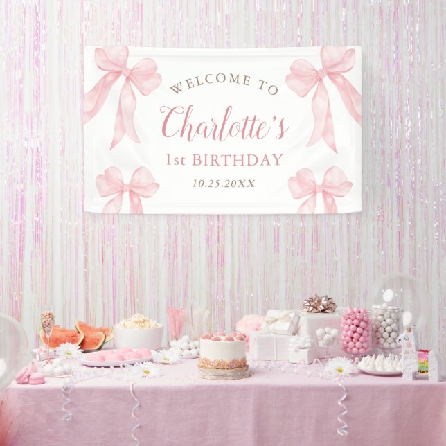 Pastellrosa Koketten-Bogen Mädchen 1. Geburtstag Banner (Party)