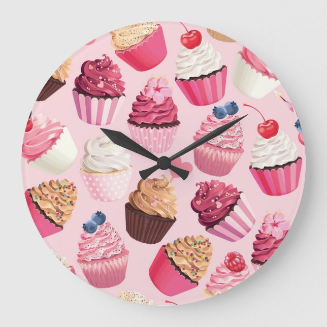 Pastellrosa Kuchen: Vintages Muster. Große Wanduhr (Vorderseite)