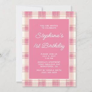 Pastellrosa Leinen Gingham 1. Geburtstag Einladung