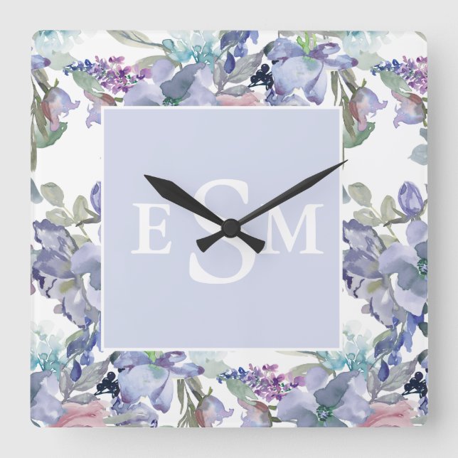 Pastellrosa Lila blaue Floral Monogramm Quadratische Wanduhr (Vorderseite)