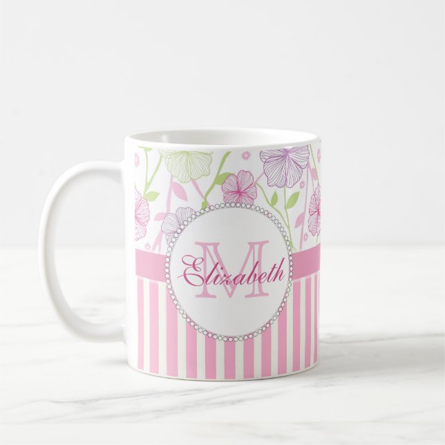 Pastellrosa, lila, Blume, rosa und weiße Streifen Tasse (Links)