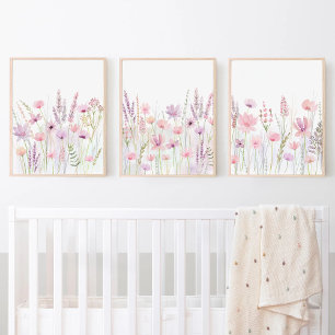Pastellrosa Lila Meadow Wildblumen Kinderzimmer Bilderwand Sets