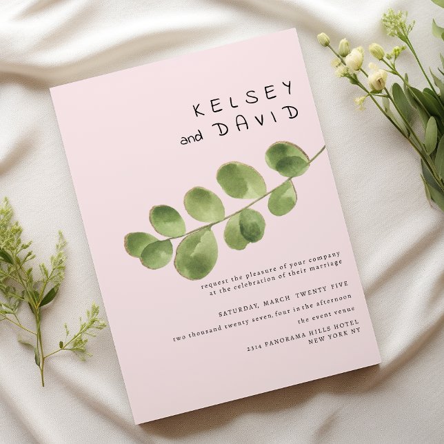 Pastellrosa-Minze-Eukalyptusblatthehe Einladung (Pastel pink mint gold eucalyptus leaf wedding )