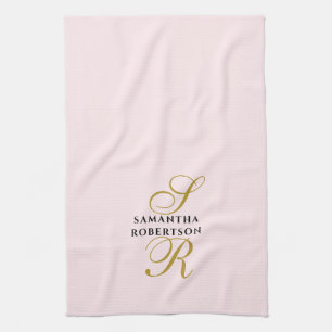 Pastellrosa Monogramm Gold Schwarz Name Minimalist Geschirrtuch