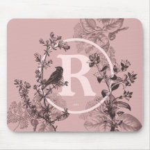 Pastellrosa-Monogramm-Vogel und Blumenmuster