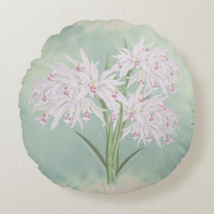 Pastellrosa Orchideen auf grünem Blumendesign  Rundes Kissen