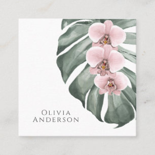 Pastellrosa Orchideen auf Monstera Tropisch Botani Quadratische Visitenkarte