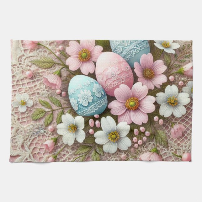 Pastellrosa Ostereier und -Blume Geschirrtuch (Horizontal)