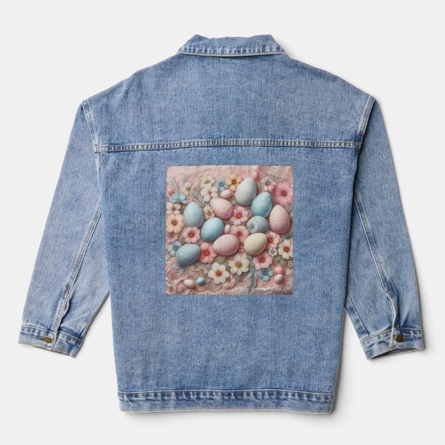 Pastellrosa Ostereier und -Blume Jeansjacke (Rückseite)