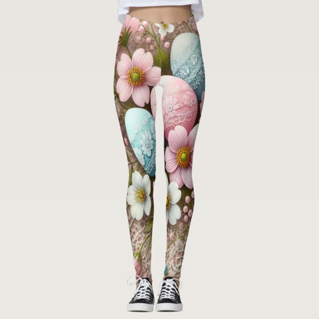 Pastellrosa Ostereier und -Blume Leggings (Vorderseite)
