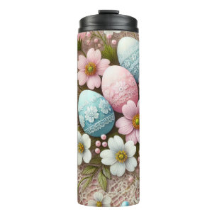 Pastellrosa Ostereier und -Blume Thermosbecher