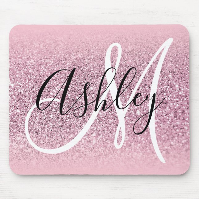 Pastellrosa Rand Ombre Glitzer Monogram Mousepad (Vorne)
