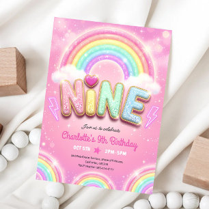 Pastellrosa Regenbogen Glitter 9. Geburtstag Einladung
