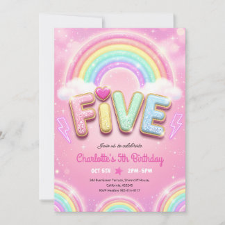 Pastellrosa Regenbogen Glitzer 5. Geburtstag Einladung