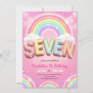 Pastellrosa Regenbogen Glitzer 7. Geburtstag Einladung