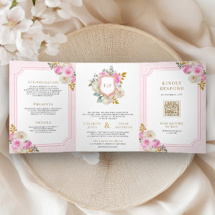 Pastellrosa Rose mit Blumenmotiven Dreifach Gefaltete Einladung