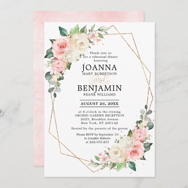 Pastellrosa Rose Rosa Probe Abendessen Einladung (Vorne/Hinten)