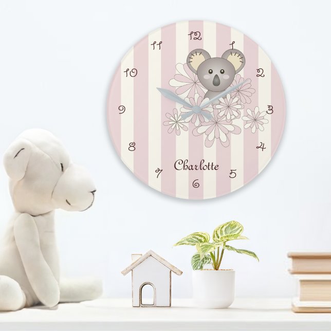 Pastellrosa Streifen Niedlich Koala Kinderzimmer / Große Wanduhr (Von Creator hochgeladen)