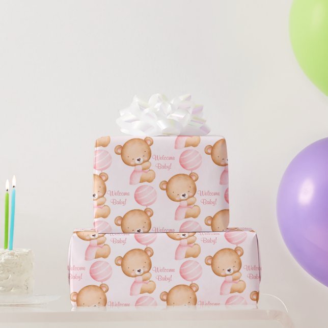 Pastellrosa Teddybär Babydusche Geschenkpapier (Partygeschenke)