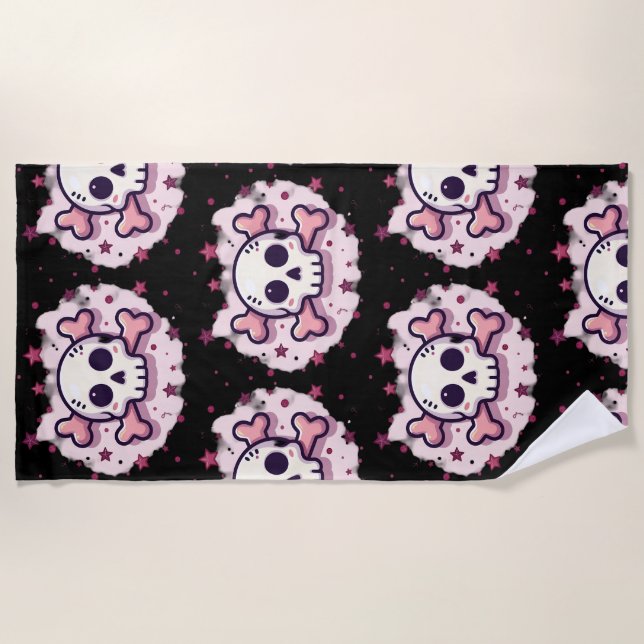 Pastellrosa Totenkopf und gekreuzte Knochen Strandtuch (Vorderseite)