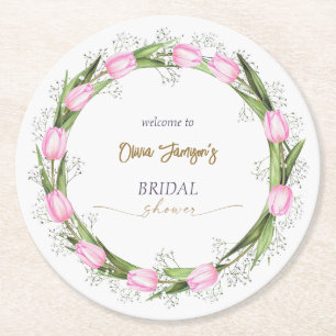 Pastellrosa Tulpen & Baby’s Breath Brautkranz Runder Pappuntersetzer