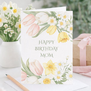 Pastellrosa Tulpen Narzissen Florale Geburtstagska Karte