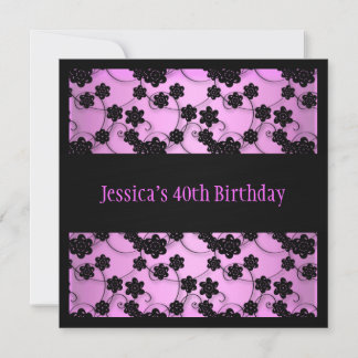 Pastellrosa-u. Schwarz-Blumen-40. Geburtstag Einladung