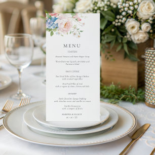 Pastellrosa und blaue Blumen-Hochzeitsmenü im Früh Menükarte