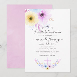 Pastellrosa und blaue Blumen zur ersten heiligen K Einladung