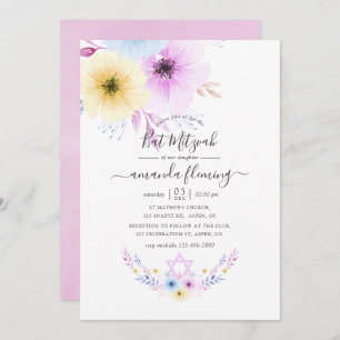 Pastellrosa und blaue Flora Bat Mitzvah Einladung