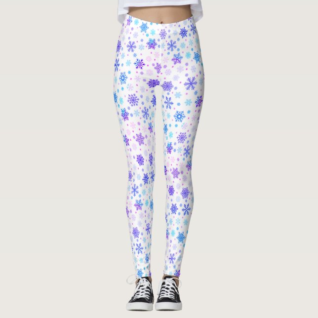 Pastellrosa und Blaue Schneeflocken Elegant Weiß Leggings (Vorderseite)
