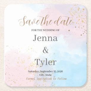 Pastellrosa und blaue Wasserfarbe Save-the-Date Rechteckiger Pappuntersetzer