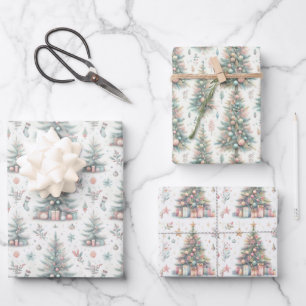 Pastellrosa und blaue Weihnachtsbäume dekoriert Geschenkpapier Set