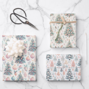 Pastellrosa und blaue Weihnachtsbäume dekoriert Geschenkpapier Set