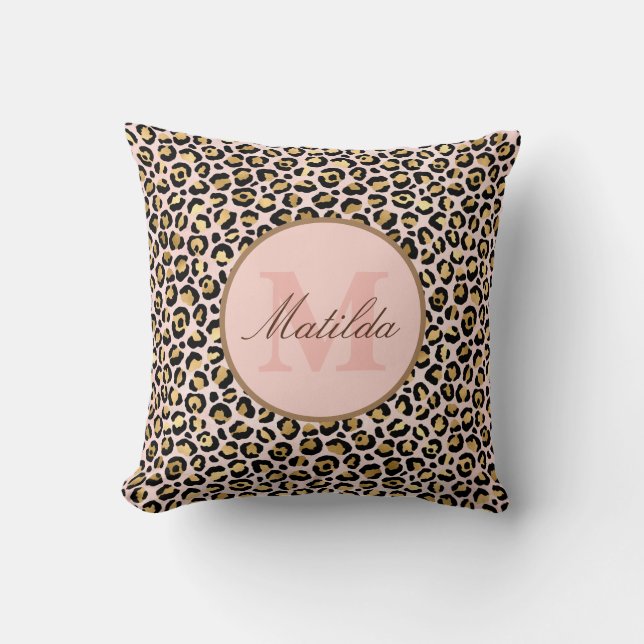 Pastellrosa und goldenes Leopard-Monogramm Kissen (Vorderseite)