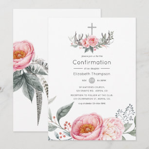 Pastellrosa und Grau Boho Floral Konfirmation Einladung