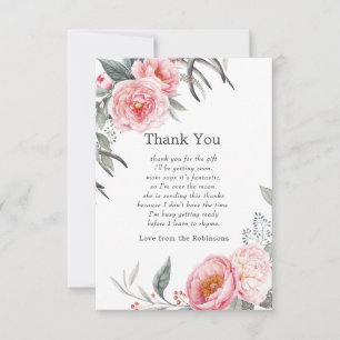 Pastellrosa und graue boho-florale Babyparty Dankeskarte