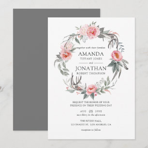 Pastellrosa und graue boho-florale Hochzeit Einladung