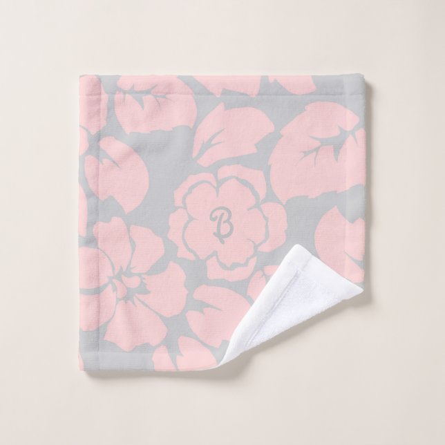 Pastellrosa und graue Floral Monogramm Waschlappen (Waschlappen)