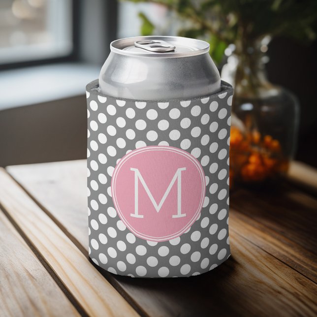Pastellrosa und graue Polka-Punkte - klassische Mo Dosenkühler (Celebrate with a personalized can cooler - add your name or monogram. Great party favor or gift)