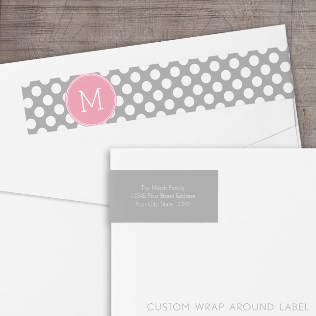 Pastellrosa und graue Polka-Punkte mit benutzerdef (Custom Return Address Label with Wrap Around Feature)