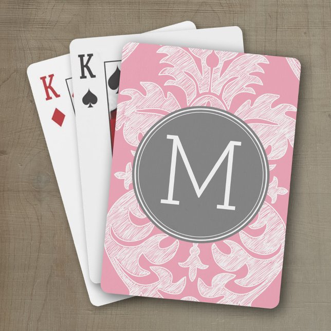 Pastellrosa und graues Damaskusmuster - benutzerde Spielkarten (Personalized playing cards with an area for text such as a name or monogram)