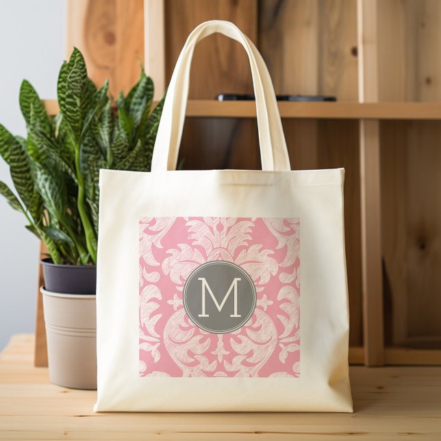 Pastellrosa und graues Damaskusmuster - benutzerde Tragetasche (Personalized tote bag - pattern and monogram)
