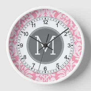 Pastellrosa und graues Damast-Muster mit individue Wanduhr