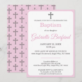 Pastellrosa und graues Kreuz Wasserfarbe Taufe Einladung