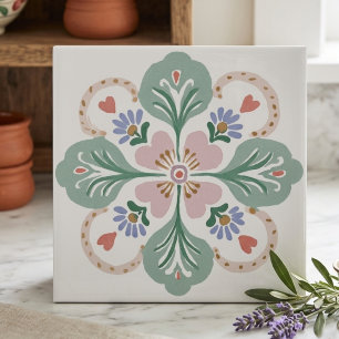 Pastellrosa und grüne Keramikfliese mit floralem V