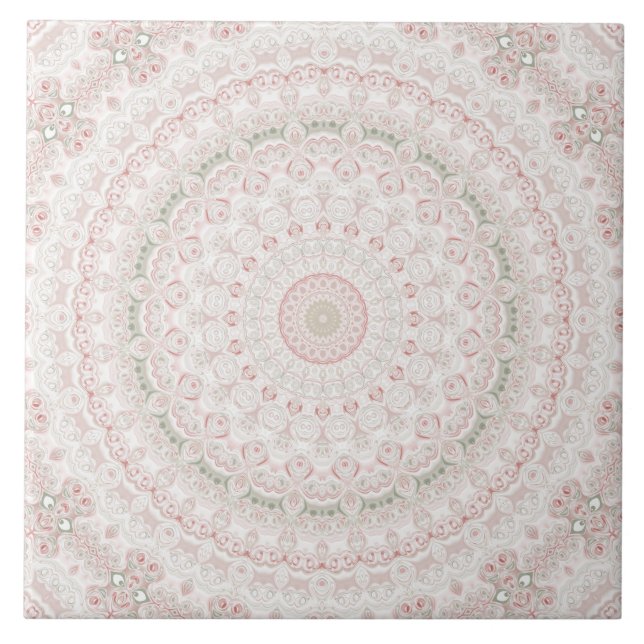 Pastellrosa und grünes Mandala-Muster Fliese (Vorderseite)