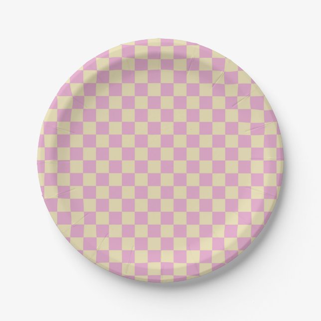 Pastellrosa und Hellgelb Karo Pappteller (Vorderseite)