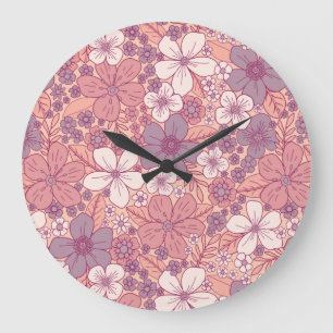 Pastellrosa und Lila Blüten Große Wanduhr